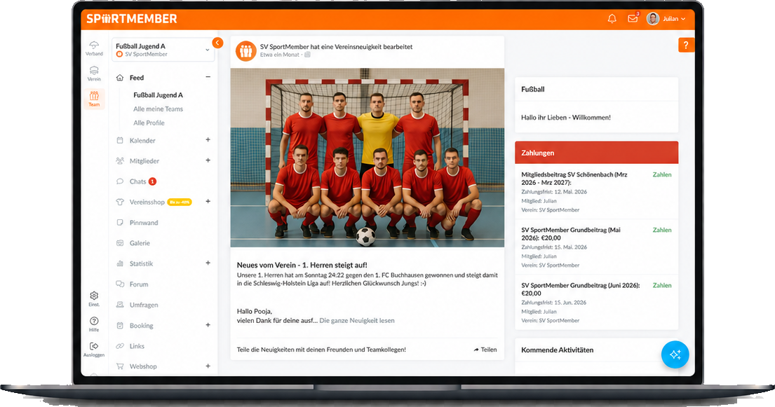 Team-Feed in der SportMember Webversion mit Teamfoto und Neuigkeiten