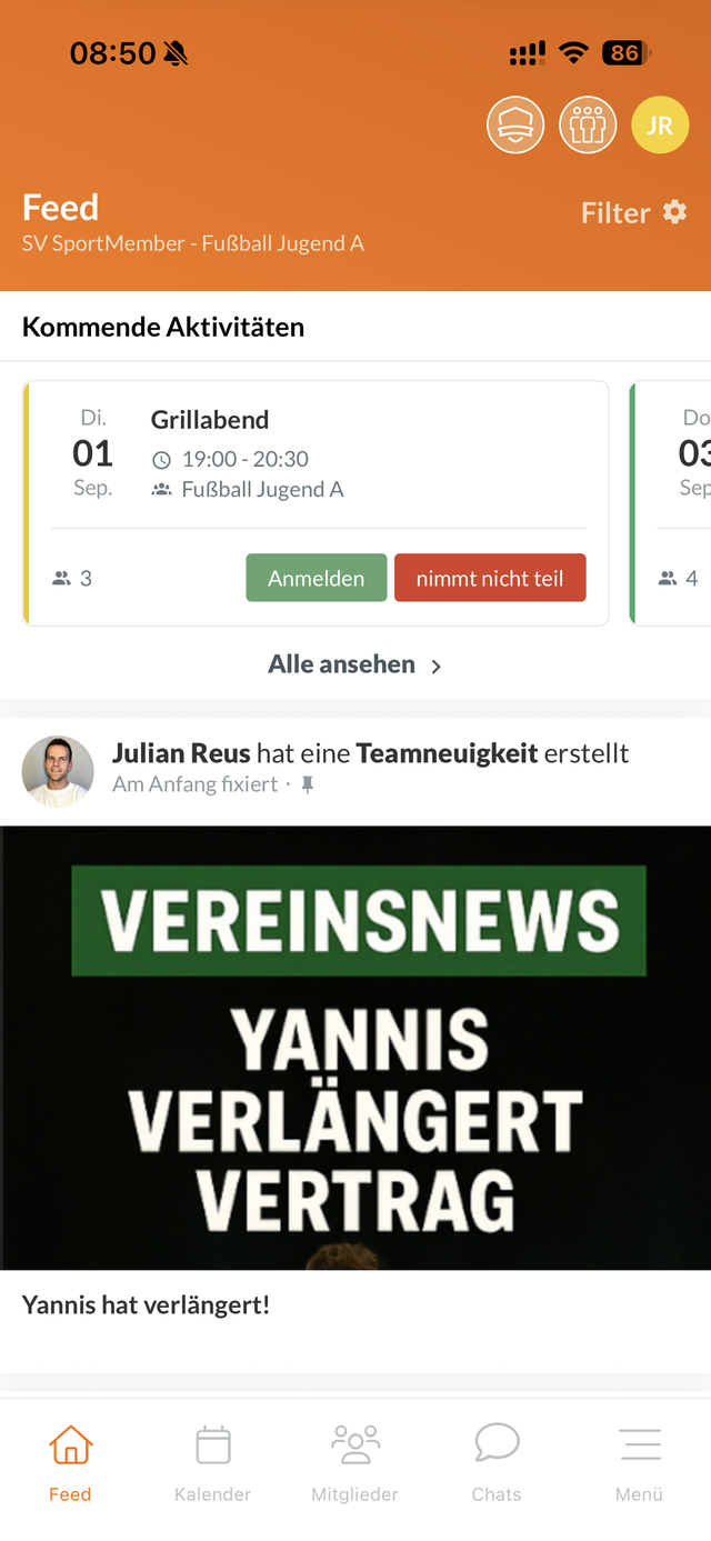Feed in der SportMember App mit Neuigkeiten aus dem Team